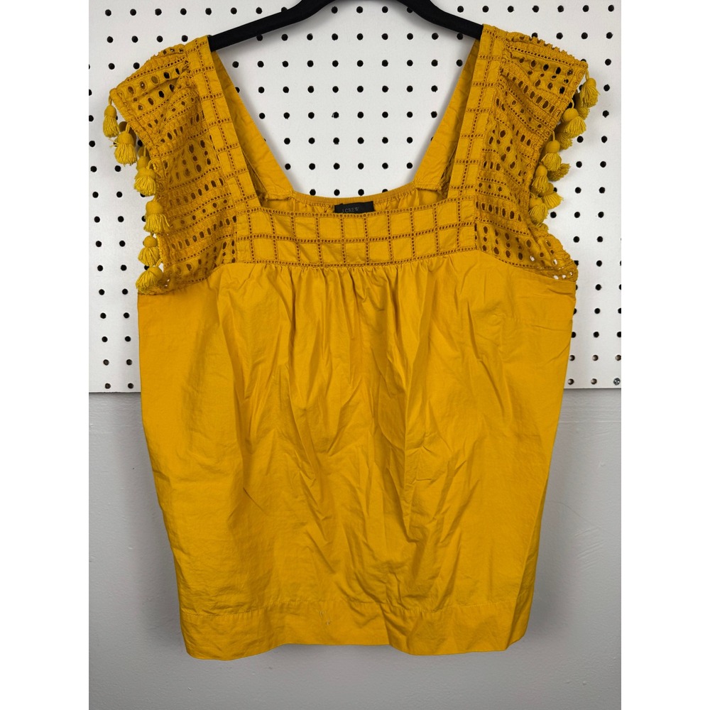 J.Crew Mustard Yellow Eyelet Tassel Pom Pom Boho maximalist festival Top Size 10